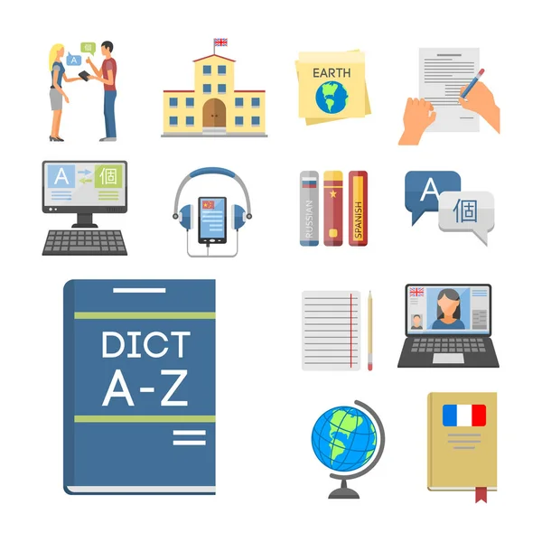 Illustration vectorielle icônes pour les programmes éducatifs langues enseignement à distance apprentissage en ligne — Image vectorielle