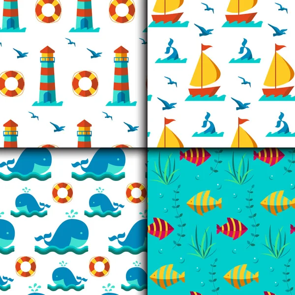 Seamless vector patterns with nautical elements wave marine collection paper sea background — Stock Vector