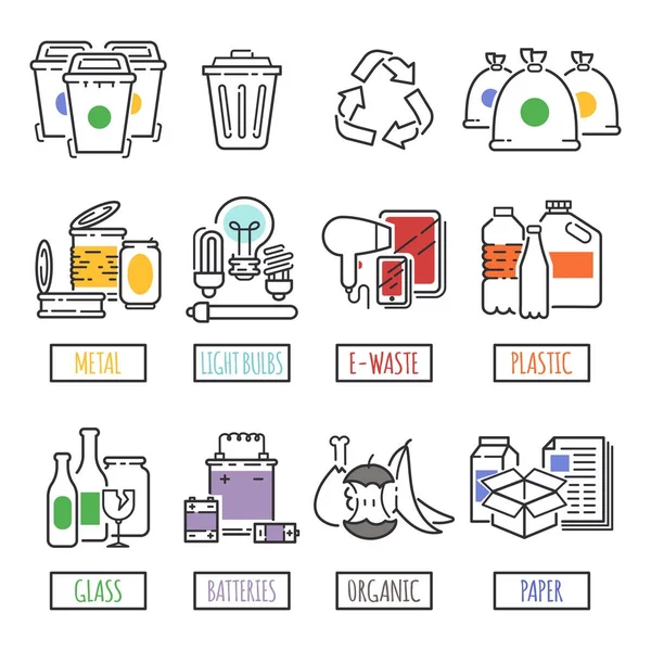 Different recycling garbage waste types sorting processing, treatment remaking trash utilize icons vector illustration. — Stock Vector