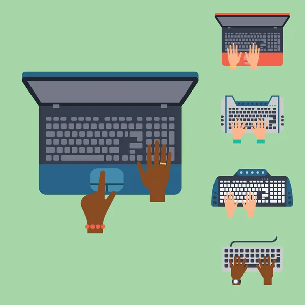 Los usuarios manos en el teclado y el ratón de la tecnología informática de Internet herramienta de mecanografía trabajo vector ilustración — Archivo Imágenes Vectoriales