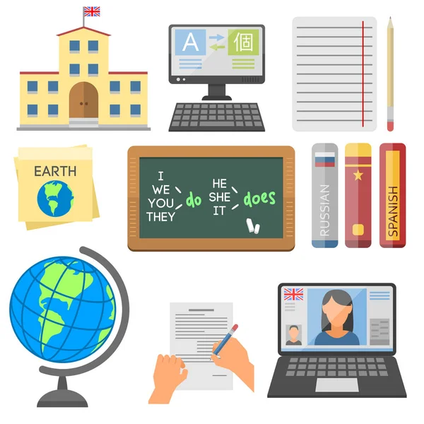 Iconos de ilustración vectorial para programas educativos idiomas educación a distancia aprendizaje en línea — Archivo Imágenes Vectoriales