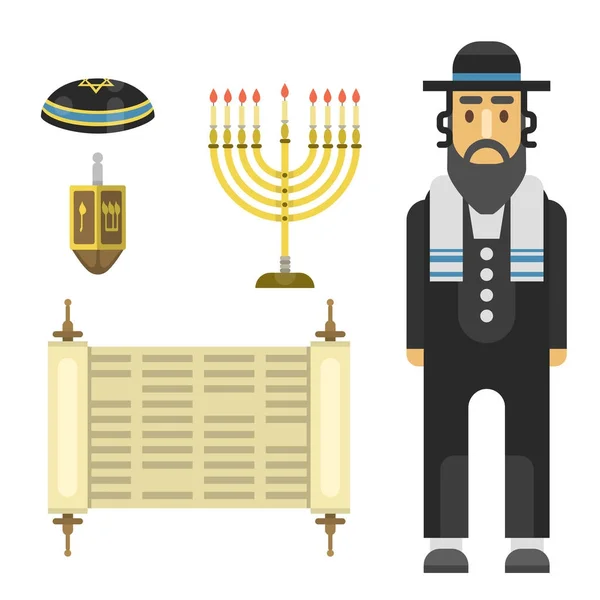 Judentum Kirche traditionelle Symbole isoliert Chanukka religiöse Synagoge Pessach hebräischen Charakter Jude Vektor Illustration. — Stockvektor