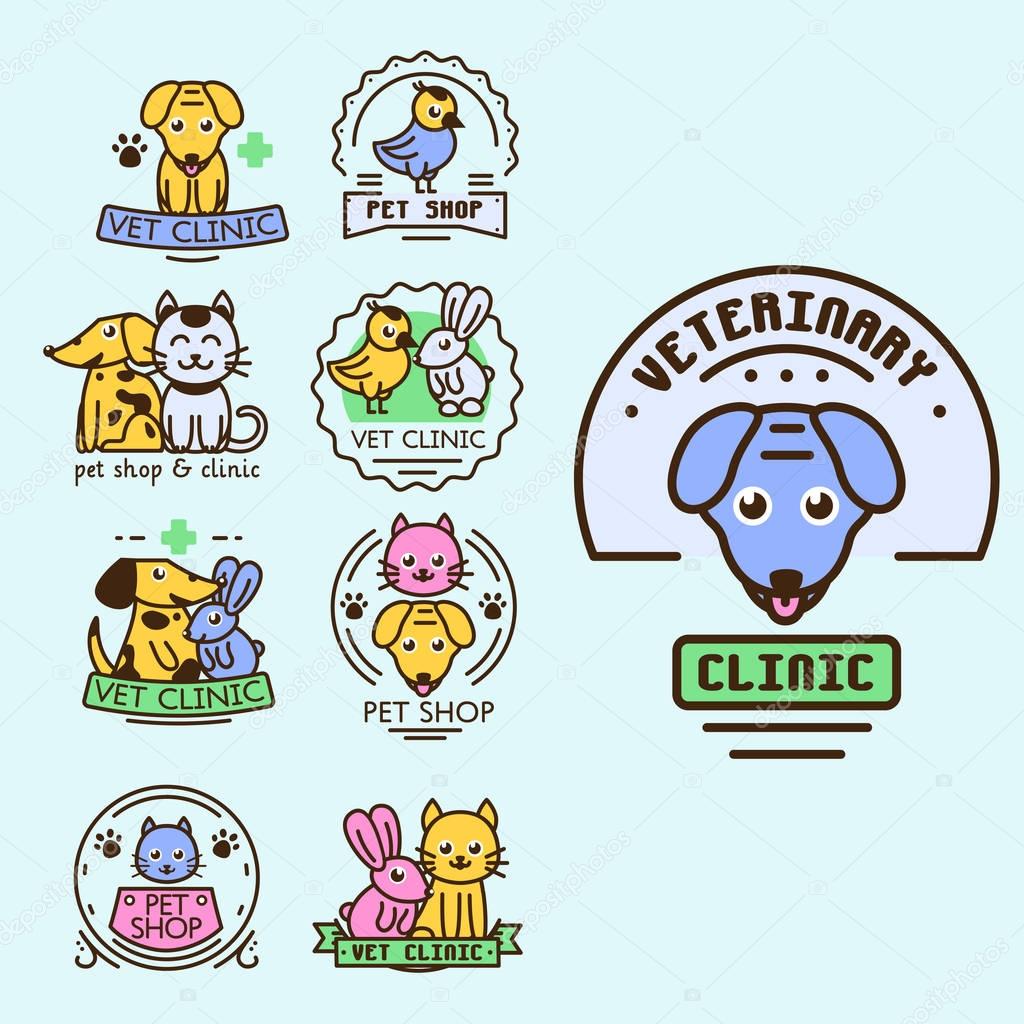 Pet badge vector graphic sticker set. Domestic insignia silhouette veterinary animal element. Collection service dog and cat vintage cute logotype creative shape.