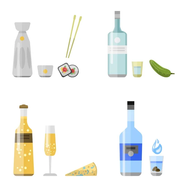 Alcohol dranken dranken cocktail voorgerecht fles pils container dronken verschillende snacks glazen vectorillustratie. — Stockvector