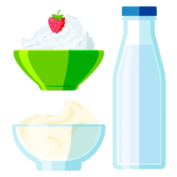 Milchprodukte Bio-Getränkeflasche gesunde Joghurtcreme Ernährung Bauernhof Kalzium Frühstücksvektor Illustration. — Stockvektor