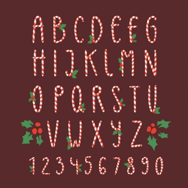 Noel yazı tipi şeker kamışı vektör türü alfabe yeni yıl kartı tasarım yazı tipi karakterleri ve sayıları invinattion tasarımı Xmas tasarımı için yazdırma