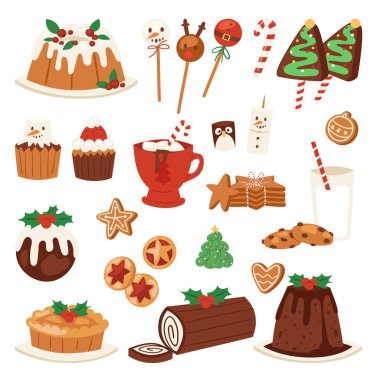 Noel gıda vektör tatlılar dekorasyon xmas aile diner tatlı kutlama yemeği illüstrasyon tatil. Geleneksel festival kış pasta ev yapımı x-mas partisi