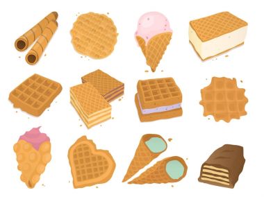 Farklı gofret kurabiye Kek pasta kurabiye bisküvi lezzetli aperatif krem tatlı çıtır ekmek yiyecek vektör çizim waffle