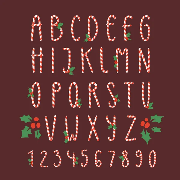 Christmas font candy cane vector type alfabeto Ano Novo cartão de impressão de caracteres de fonte de design e números para design invinattion Xmas design — Vetor de Stock