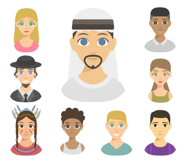 Raffreddare avatar diverse nazioni persone ritratti etnicità diversi toni della pelle affiliazione etnica e stili di capelli vettoriale illustrazione . — Vettoriale Stock