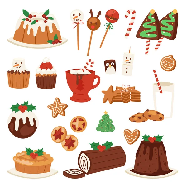Christmas food vector desserts holiday decoration xmas family diner sweet celebration meal illustration. Traditional festive winter cake homemade x-mas party — Stock Vector