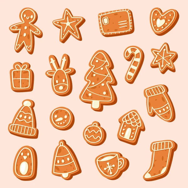 Pastel de Navidad vector dulces postres comida pasteles tradicionales para la cena de Navidad y té árbol, ciervos, pastelero, campana, casa, calcetín y pingüino ilustración — Archivo Imágenes Vectoriales