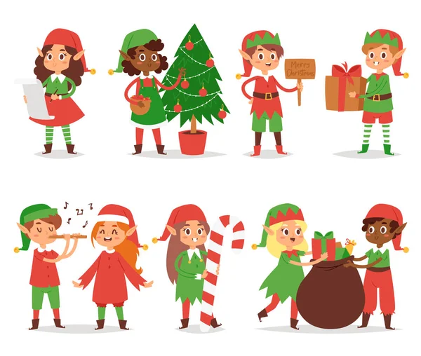 Elfes de Noël enfants vecteur enfants Père Noël aides dessin animé elfish garçons et filles jeunes personnages costume traditionnel célébré — Image vectorielle