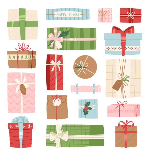 Gift box vector aanwezig packs Kerstmis of verjaardag vlakke afbeelding viering boog object geïsoleerd op witte achtergrond — Stockvector