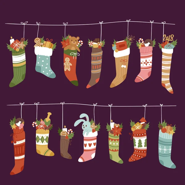Calze di Natale vettore Santa Natale regalo di Capodanno cristiani tradizionali simbolo sey illustrazione diverso tessile design cibo vestiti — Vettoriale Stock