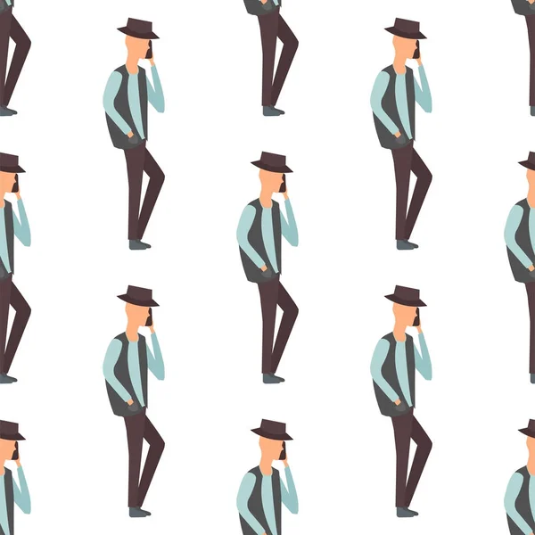 Hombres planos de moda con gadgets de teléfono personajes de grupo patrón sin costura utilizando la ilustración vectorial de alta tecnología . — Archivo Imágenes Vectoriales