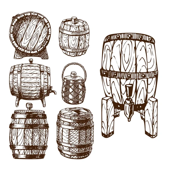 Baril en bois vintage vieux croquis dessiné à la main récipient de stockage boisson liquide fermentation distillerie cargaison tambour lager vecteur illustration . — Image vectorielle