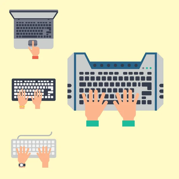 Los usuarios manos en el teclado y el ratón de la tecnología informática de Internet herramienta de mecanografía trabajo vector ilustración — Vector de stock