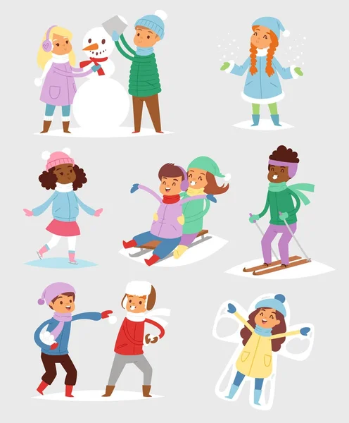 Enfants vecteurs de Noël d'hiver jouant à des jeux en plein air aire de jeux pour enfants enfants d'hiver jouant à des jeux de sport de types boule de neige, patinage — Image vectorielle