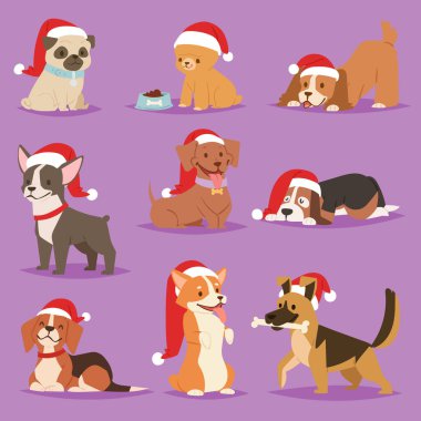 Noel köpek vektör sevimli çizgi köpek yavrusu karakterleri çizimde ev evcil hayvan köpek farklı Xmas kutlamak Noel Baba kırmızı şapkalı pozlar