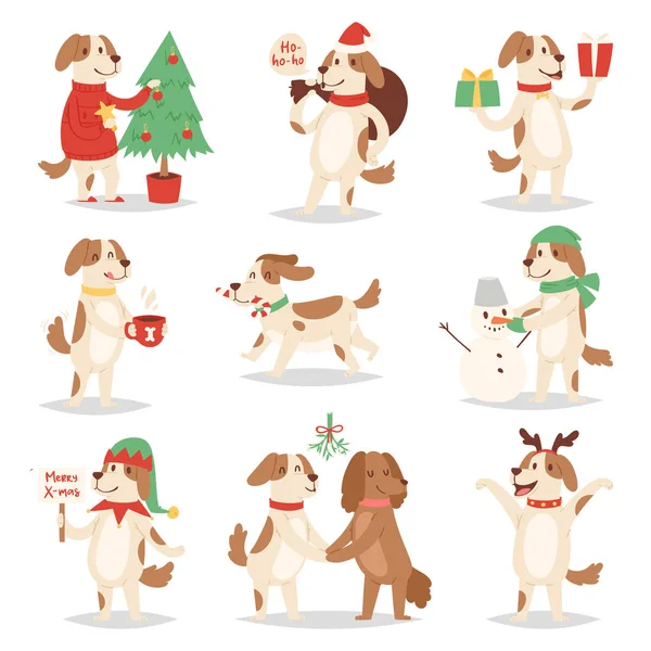 Рождественская собака вектор милый мультяшный щенок персонажи иллюстрация пара домашних животных собачка разные Рождество празднуют позы в Санта-Красная Шляпа — стоковый вектор