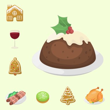 Tatil dekorasyon xmas tatlı kutlama yemeği vektör çizim geleneksel Noel yemek ve tatlılar.