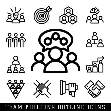 Vektör illüstrasyon iş takım insanlar kavramı ekip oluşturma iş yönetimi anahat eğitimler simgeler oluşturma.