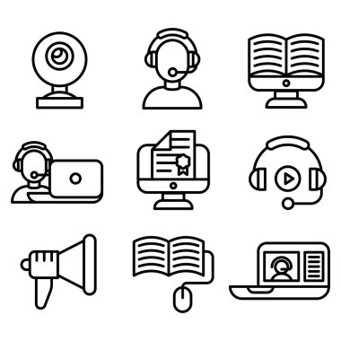 Vektör illüstrasyon iş webinar ve online eğitim internet eğitimler simgeleri anahat.