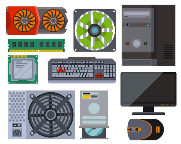 Części komputerowe sieci składnika akcesoria różne elektronika urządzenia pulpit pc procesor dysk sprzętu wektor ilustracja. — Wektor stockowy