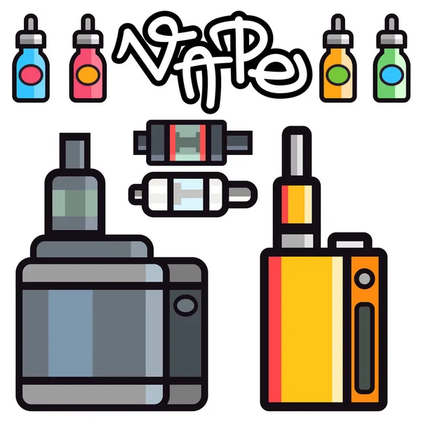 Vape dispositivo vector conjunto vaporizador de cigarrillos botella de vapor sabor ilustración batería bobina . — Vector de stock