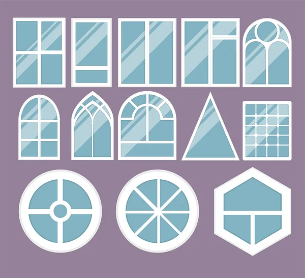 Différents types maison fenêtres éléments plat style verre cadres construction décoration appartement vecteur illustration . — Image vectorielle