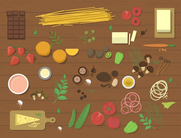 Diferentes ingredientes alimentares macarrão bolonhesa e espaguete almoço jantar tomate salada colagem vetor ilustração — Vetor de Stock