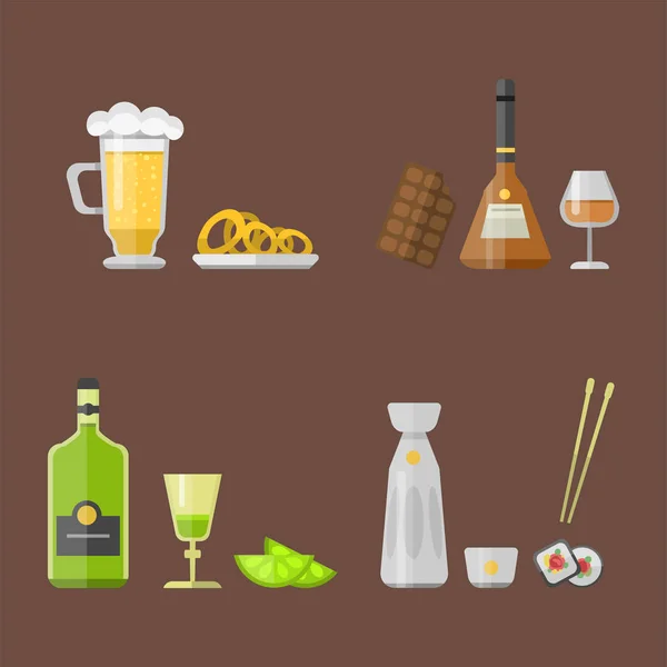 Bevande alcoliche cocktail aperitivo bottiglia lager contenitore ubriaco diversi snack bicchieri vettoriale illustrazione . — Vettoriale Stock