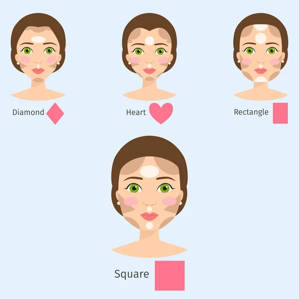 Başka kadın yüz türleri vektör çizim karakter şekilleri kız makyaj seti güzel kadın — Stok Vektör