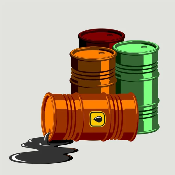 Tambores de petróleo contenedor combustible barril almacenamiento filas barriles de acero capacidad tanques metal natural intestinos viejos recipiente químico vector ilustración — Vector de stock