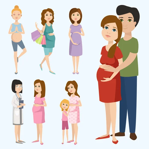 Życia charakter Ciąża macierzyństwo osób oczekiwania koncepcja szczęśliwa Kobieta w ciąży z wielkim brzuchem wektor ilustracja — Wektor stockowy