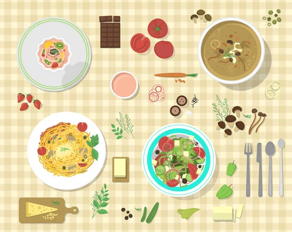 Piatti diversi con pasta bolognese e spaghetti pranzo cena insalata di pomodoro collage vettoriale illustrazione — Vettoriale Stock