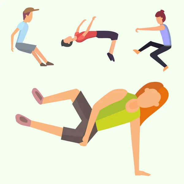 Fitness sport parkour gens concept jeune sautant extrême course danger gymnastique exercice vectoriel illustration — Image vectorielle