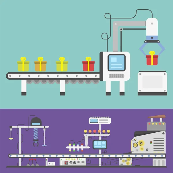 Conteneur terminal production transporteur technologie industrielle usine équipement vecteur machine ligne convoyeur . — Image vectorielle