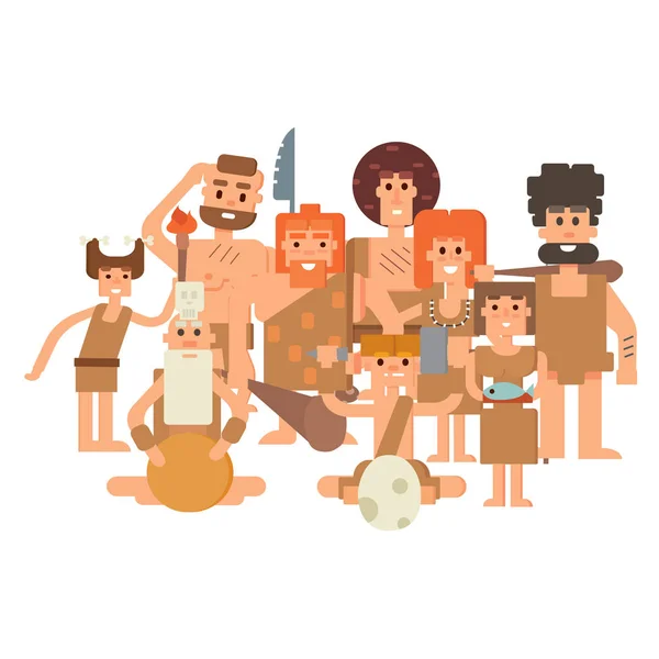 Caveman primitivo pedra idade cartoon neanderthal pessoas personagem evolução vetor ilustração . —  Vetores de Stock