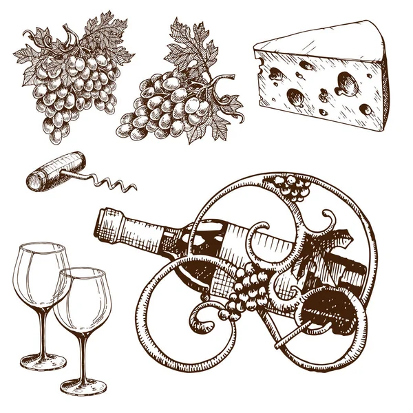 Vintage pincészet bor termelési kézzel készített tervezetet borkészítés vázlat erjedés szőlő ital vektoros illusztráció — Stock Vector