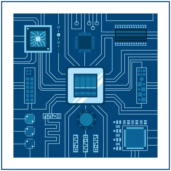 Microchip de plantilla de chip IC de computadora en diseño de placa de circuito impreso detallado ilustración de vector de fondo abstracto . — Vector de stock