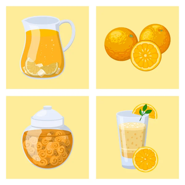 Sinaasappelen kaarten oranje producten illustratie natuurlijke citrusvruchten vector sappige tropische dessert beauty biologisch SAP gezonde voeding. — Stockvector