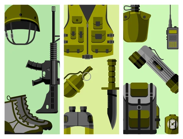 Militaire wapensystemen kanonnen armor dwingt kaarten ontwerp Amerikaanse vechter munitie Marine camouflage vectorillustratie. — Stockvector