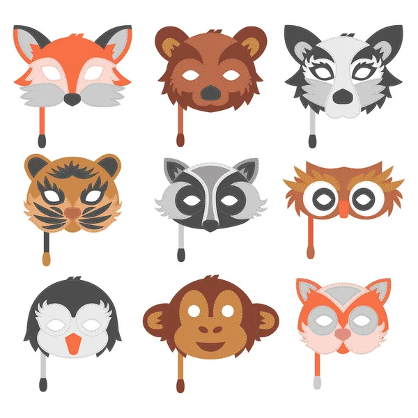 Conjunto de animais de desenhos animados festa máscaras vetor feriado ilustração festa diversão mascarada festival decoração . — Vetor de Stock