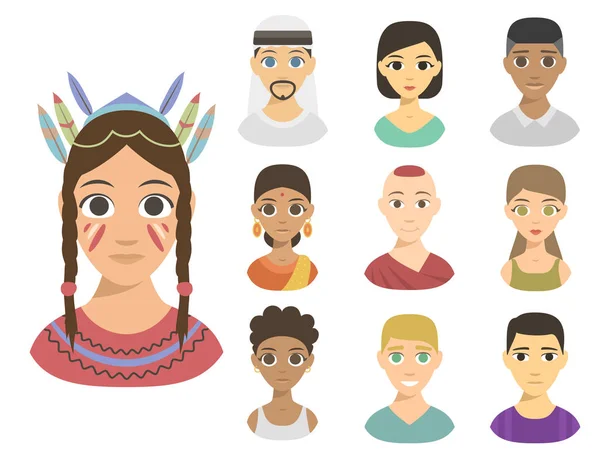 Avatares frescos diferentes naciones personas retratos etnia diferentes tonos de piel afiliación étnica y estilos de pelo vector ilustración . — Vector de stock