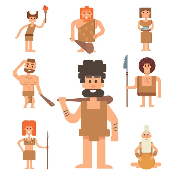 Hombre de las cavernas primitiva edad de piedra dibujos animados gente neandertal personaje evolución vector ilustración . — Archivo Imágenes Vectoriales