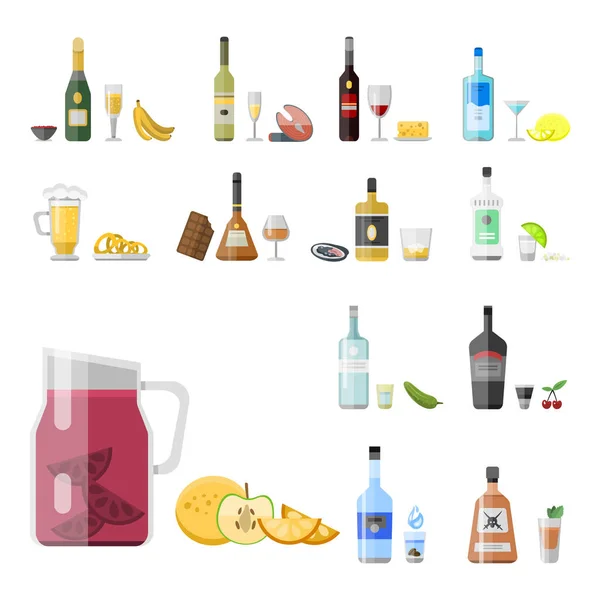 Αλκοολούχα ποτά ποτών κοκτέιλ ορεκτικό μπουκάλι lager κοντέινερ μεθυσμένος διαφορετικών σνακ γυαλιά εικονογράφηση φορέα. — Διανυσματικό Αρχείο