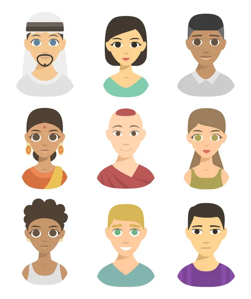 Coole Avatare verschiedene Nationen Menschen Porträts Ethnizität verschiedene Hauttöne ethnische Zugehörigkeit und Frisuren Vektor Illustration. — Stockvektor