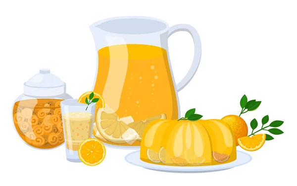 Apelsiner och orange produkter illustration naturliga citrusfrukter vektor saftiga tropiska dessert beauty ekologisk juice hälsosam mat. — Stock vektor